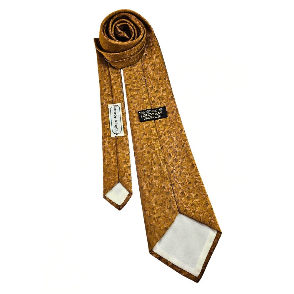 Vintage‎ Famous Barr Trevira Gold Patterned Necktie Men's Business